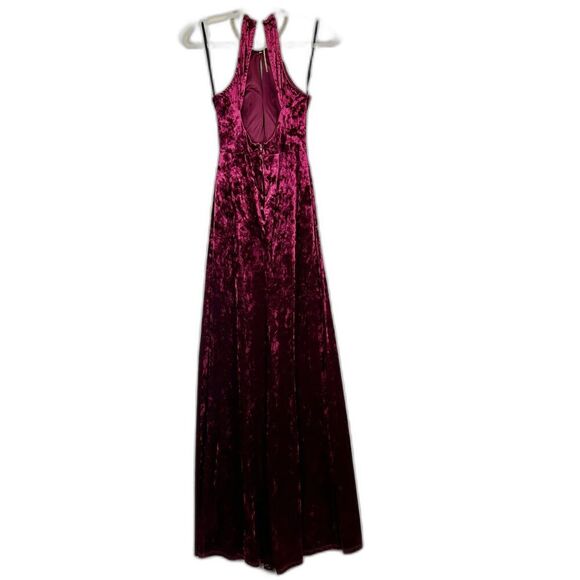 B Darlin Vingate Y2K Velvet Maxi Dress Size 1/2 Burgundy Open Back Thigh Slit - Picture 2 of 8